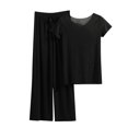 thumbnail image 1 of Womens Summer Pajamas 2 Piece Lounge Outfits Casual Crewneck Short Sleeve Tops and Wide Leg Pants Sets Sleepwear Black, 1 of 6