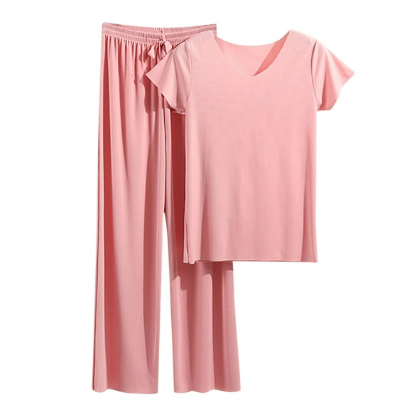 Womens Summer Pajamas 2 Piece Lounge Outfits Casual Crewneck Short Sleeve Tops and Wide Leg Pants Sets Sleepwear Pink