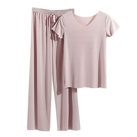 Womens Summer Pajamas 2 Piece Lounge Outfits Casual Crewneck Short Sleeve Tops and Wide Leg Pants Sets Sleepwear Purple