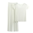 thumbnail image 1 of Womens Summer Pajamas 2 Piece Lounge Outfits Casual Crewneck Short Sleeve Tops and Wide Leg Pants Sets Sleepwear White, 1 of 6