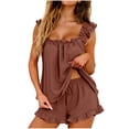 thumbnail image 1 of Womens Summer Pajamas 2-Piece Lounge Set Ruffle Hem Tank Tops Shorts Pajama Sets Pjs Sleeping Nightwear Brown, L, 1 of 7