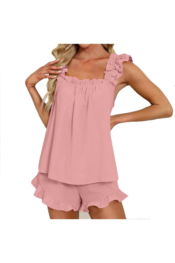 Womens Summer Pajamas 2-Piece Lounge Set Ruffle Hem Tank Tops Shorts Pajama Sets Pjs Sleeping Nightwear Hot Pink, L
