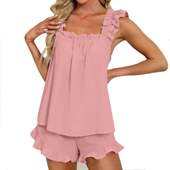 Womens Summer Pajamas 2-Piece Lounge Set Ruffle Hem Tank Tops Shorts Pajama Sets Pjs Sleeping Nightwear Hot Pink, M