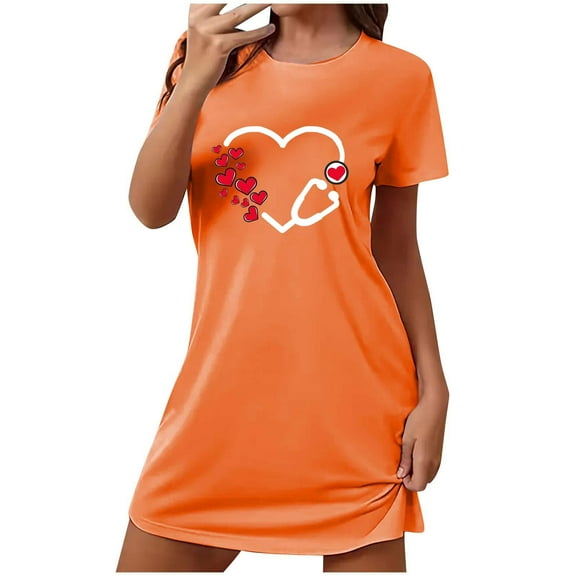 Womens Summer Pajamas Dress Womens Comfort Nightgown Short Sleeve Sleep Shirts Loungewear Short Night Gown Cute Graphic House Dress Loungewear Night Shirt Orange XXL