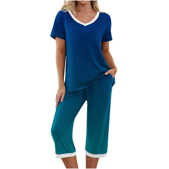 Womens Summer Pajamas Set Casual Short Sleeve V Neck Tops and Capri Pants with Pockets Sleepwear Pjs Loungewear