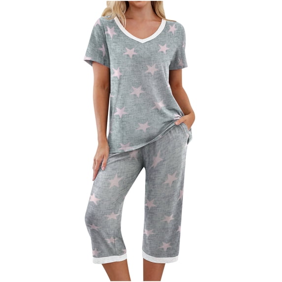 Womens Summer Pajamas Set Casual Short Sleeve V Neck Tops and Capri Pants with Pockets Sleepwear Pjs Loungewear