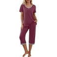thumbnail image 1 of Womens Summer Pajamas Set Short Sleeve V Neck T-shirt Top with Capri Pants Casual Sleepwear Pjs Loungewear Sets, 1 of 6