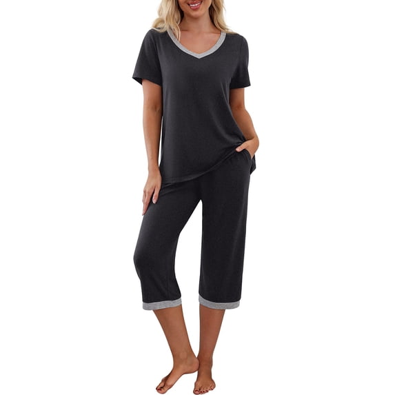 Womens Summer Pajamas Set Short Sleeve V Neck T-shirt Top with Capri Pants Casual Sleepwear Pjs Loungewear Sets