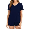 thumbnail image 1 of Womens Summer Pajamas Set Soft Comfy V Neck Short Sleeve Tops and Drawstring Shorts 2 Pieces Outfits Sleepwear, 1 of 8