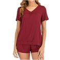 thumbnail image 1 of Womens Summer Pajamas Set Soft Comfy V Neck Short Sleeve Tops and Drawstring Shorts 2 Pieces Outfits Sleepwear, 1 of 9