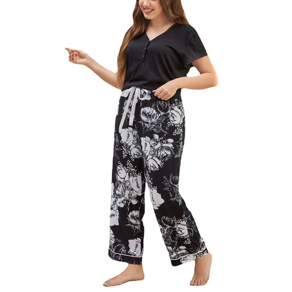 Womens Summer Pajamas Set V Neck Short Sleeve Sleepwear Tops with Loose Long Pants Soft Pjs Set Nightwear Plus Size
