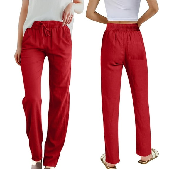 Womens Summer Pants 2025 Black Pants for Women Jeans Women's Summer Solid Color Linen High Waist Elastic Drawstring Pants Lightweight Loose Fit Casual Trousers with Pockets for Comfort and Style