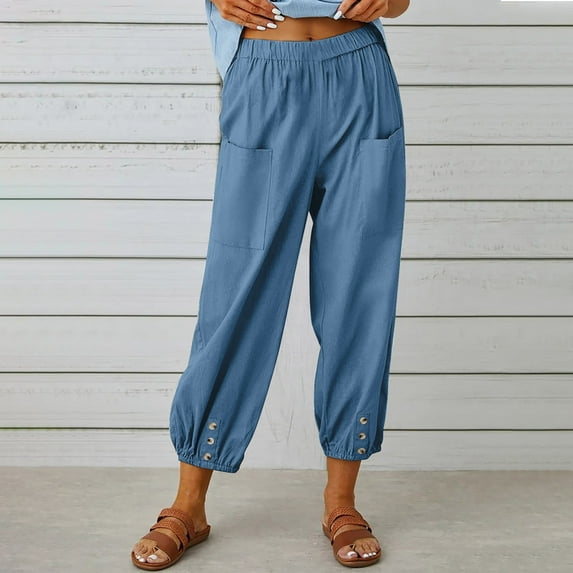 Womens Summer Pants Fashion Casual Loose Cotton and Linen Pocket Trousers Pants Palazzo Pants Trousers Womens Clothes