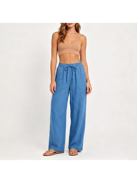 Womens Summer Pants Full Length Pants Fashion Ladies Summer Casual Loose Cotton and Linen High Waisted Trousers Solid Color Drawstring Elastic Waist Loose Long Pants with Pocket