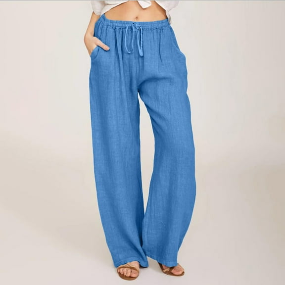 Womens Summer Pants Full Length Pants Fashion Ladies Summer Casual Loose Cotton and Linen High Waisted Trousers Solid Color Drawstring Elastic Waist Loose Long Pants with Pocket