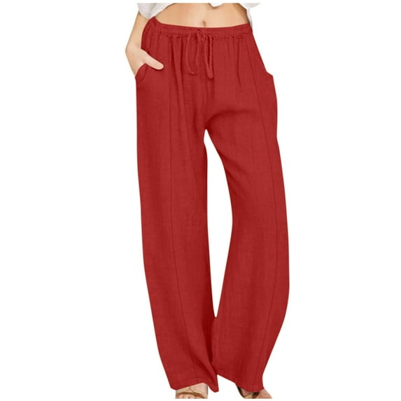 Womens Summer Pants Full Length Pants Fashion Ladies Summer Casual Loose Cotton and Linen High Waisted Trousers Solid Color Drawstring Elastic Waist Loose Long Pants with Pocket