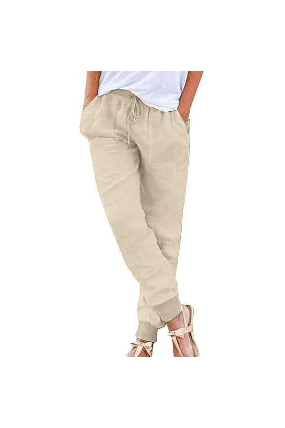 Womens Summer Pants Solid Color Drawstring Elastic Waist Tapered Pants Soft Ladies Cotton Linen Casual Pants Loose Fit Walking Trousers Sports Joggers With Pocket