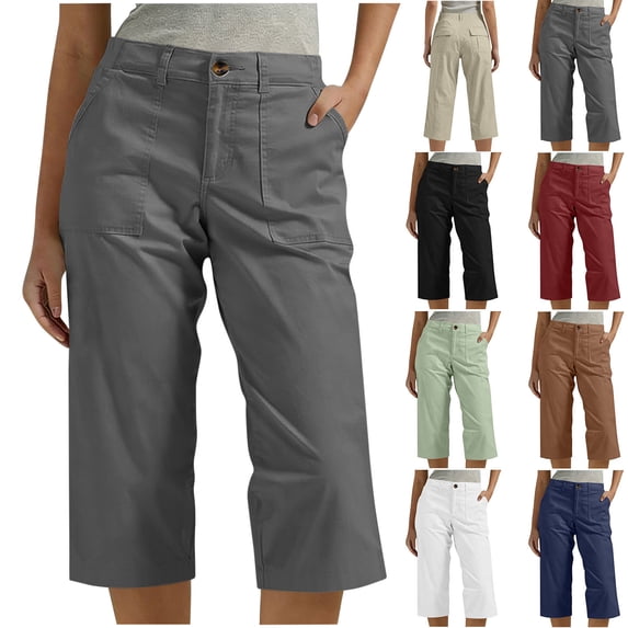 Womens Summer Pants Solid Color Pentagonal With Elastic Waist Casual Work Clothes Belt Pockets Trendy Street Style