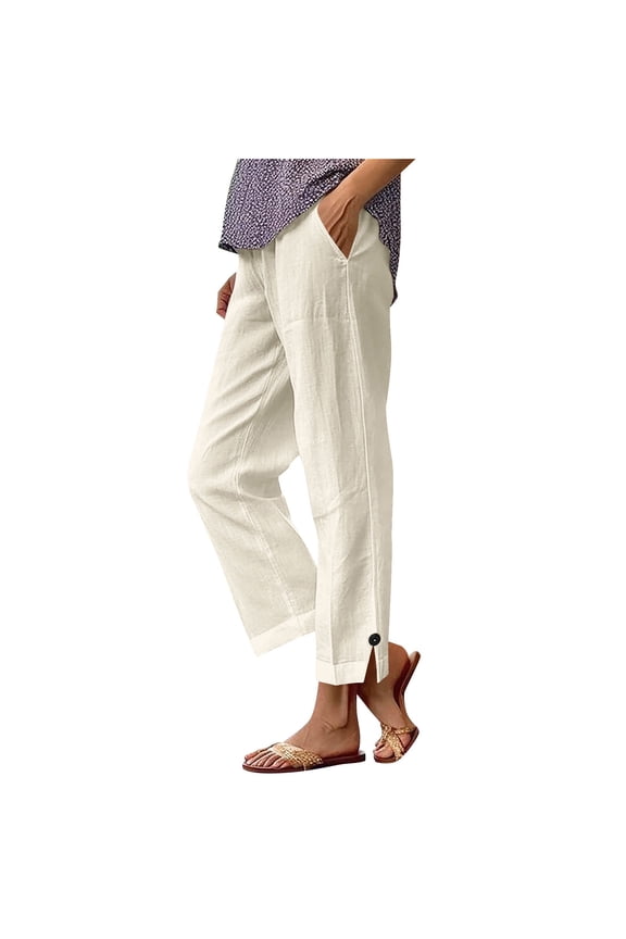 Womens Summer Pants Straight Leg Ankle Length Cropped Elastic Waist Pants Casual Beach Vacation Trousers with Pockets