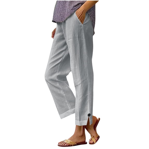 Womens Summer Pants Straight Leg Ankle Length Cropped Elastic Waist Pants Casual Beach Vacation Trousers with Pockets
