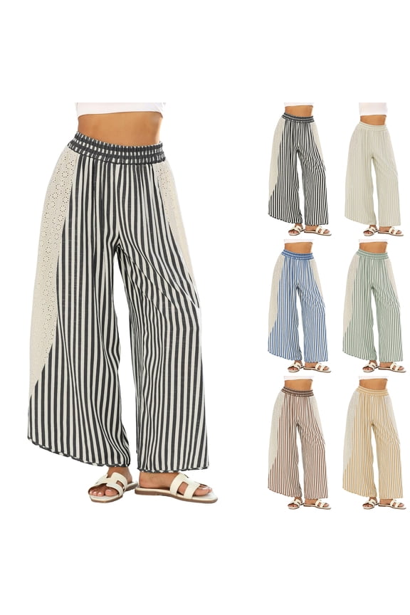 Womens Summer Pants Striped Linen Palazzo Pants Elastic High Waist Hollow Patchwork Wide Leg Flowy Casual Lounge Trousers