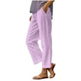 thumbnail image 1 of Womens Summer Pants with Pockets Plaid Comfy Elastic Linen Blend Pants Ankle Length Straight Leg Trousers (M, Purple), 1 of 6