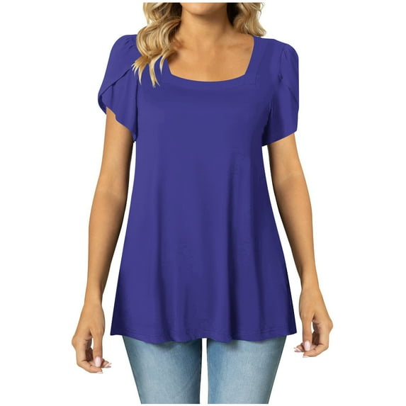 Womens Summer Petal Sleeve Tops Square Neck Solid Color Casual Office Work Blouses Loose Dressy Basic Tunics T Shirts