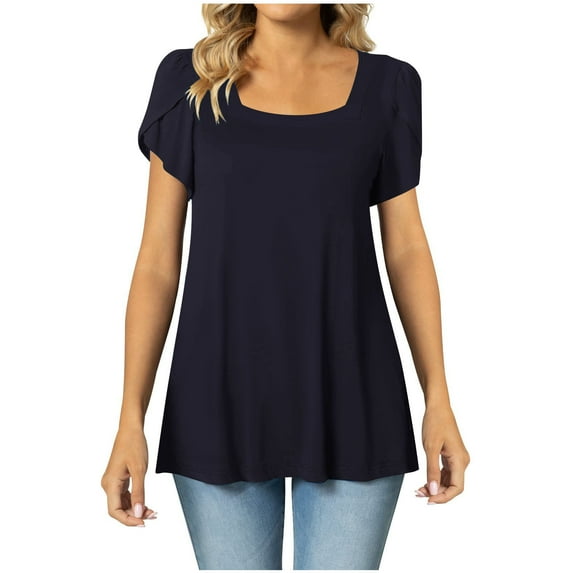 Womens Summer Petal Sleeve Tops Square Neck Solid Color Casual Office Work Blouses Loose Dressy Basic Tunics T Shirts