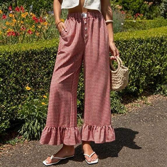 Womens Summer Plaid Pants Comfy Ruffle Hem Wide Leg Pants Pockets Resort Beach Vacation Lounge Trousers Red M