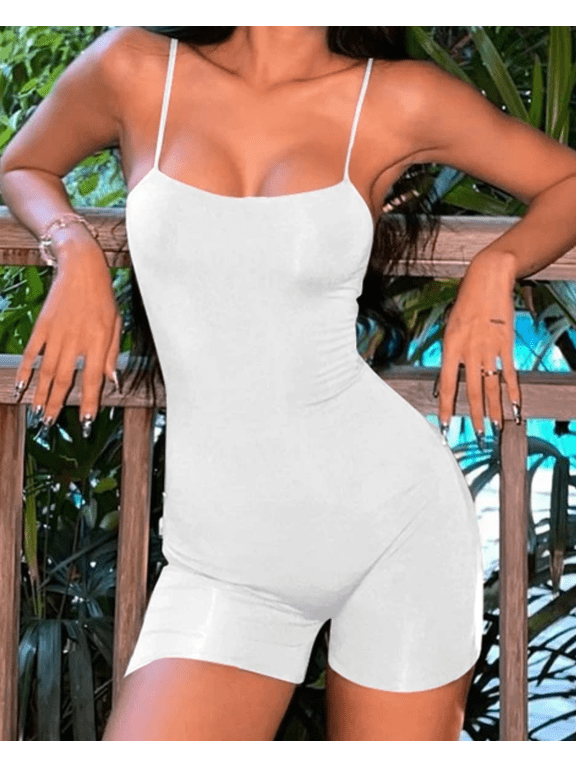 Women's Backless Sleeveless Spaghetti Strap Casual Streetwear Jumpsuit, White & Black, L