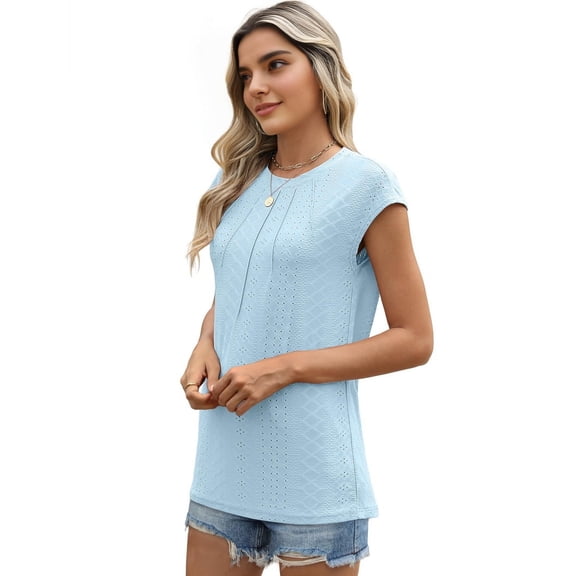 Womens Summer Pleated Dressy Casual Cap Short Sleeve Sleeve T-Shirts Sky Blue M