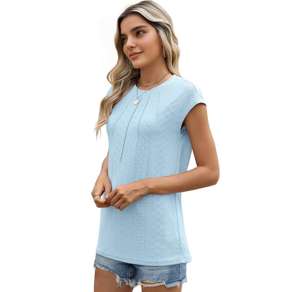 Womens Summer Pleated Dressy Casual Cap Short Sleeve Sleeve T-Shirts Sky Blue XL