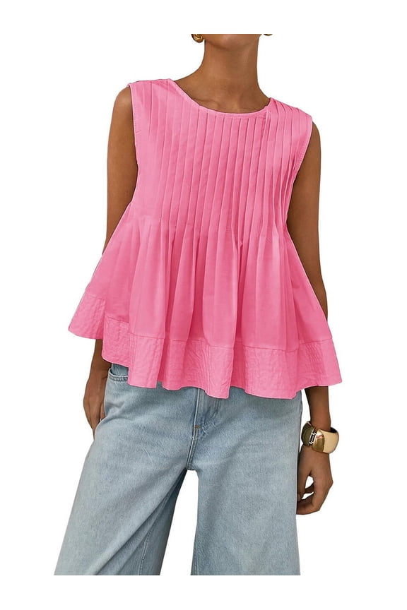 Womens Summer Pleated Peplum Sleeveless Blouse Tank Tops Round Neck Y2K Babydoll Blouse Shirt Pink M