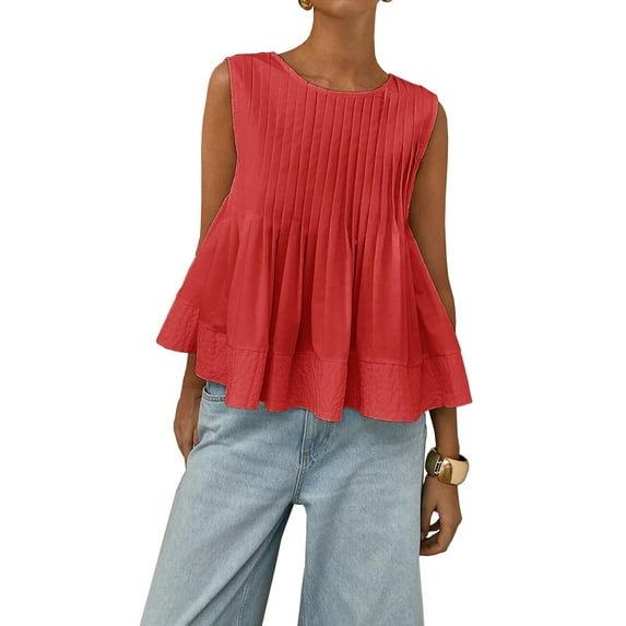 Womens Summer Pleated Peplum Sleeveless Blouse Tank Tops Round Neck Y2K Babydoll Blouse Shirt Red XS