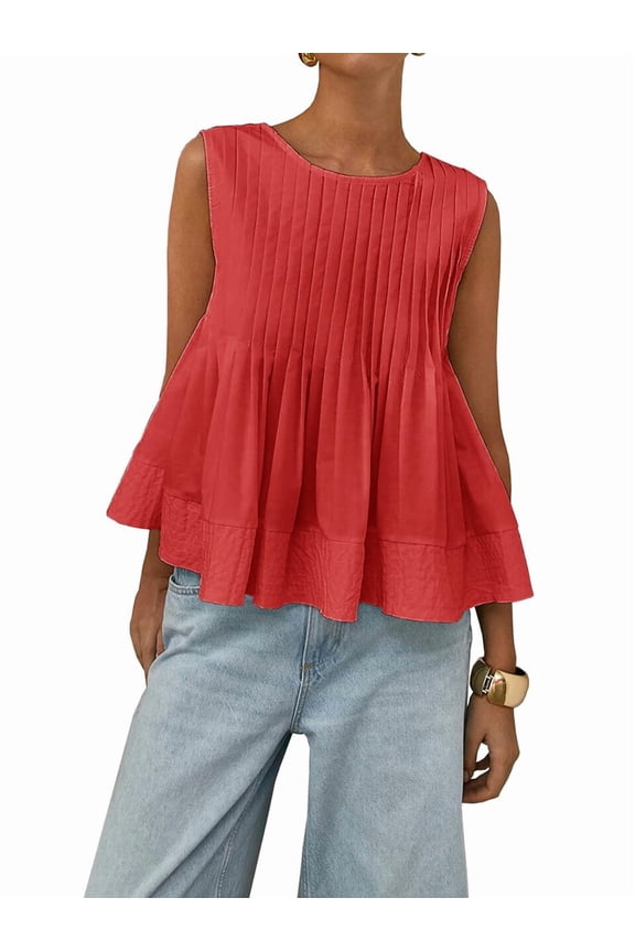 Womens Summer Pleated Peplum Sleeveless Blouse Tank Tops Round Neck Y2K Babydoll Blouse Shirt Red XS