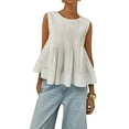 thumbnail image 1 of Women's Pleated Peplum Sleeveless Round Neck Tank Tops, 1 of 9
