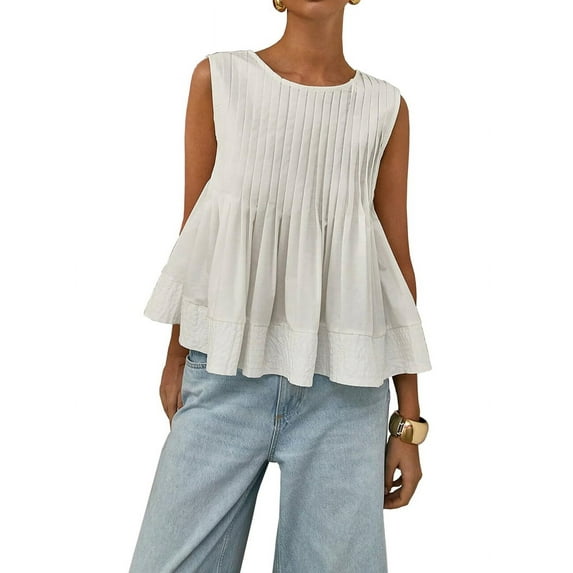 Womens Summer Pleated Peplum Sleeveless Blouse Tank Tops Round Neck Y2K Babydoll Blouse Shirt White XL