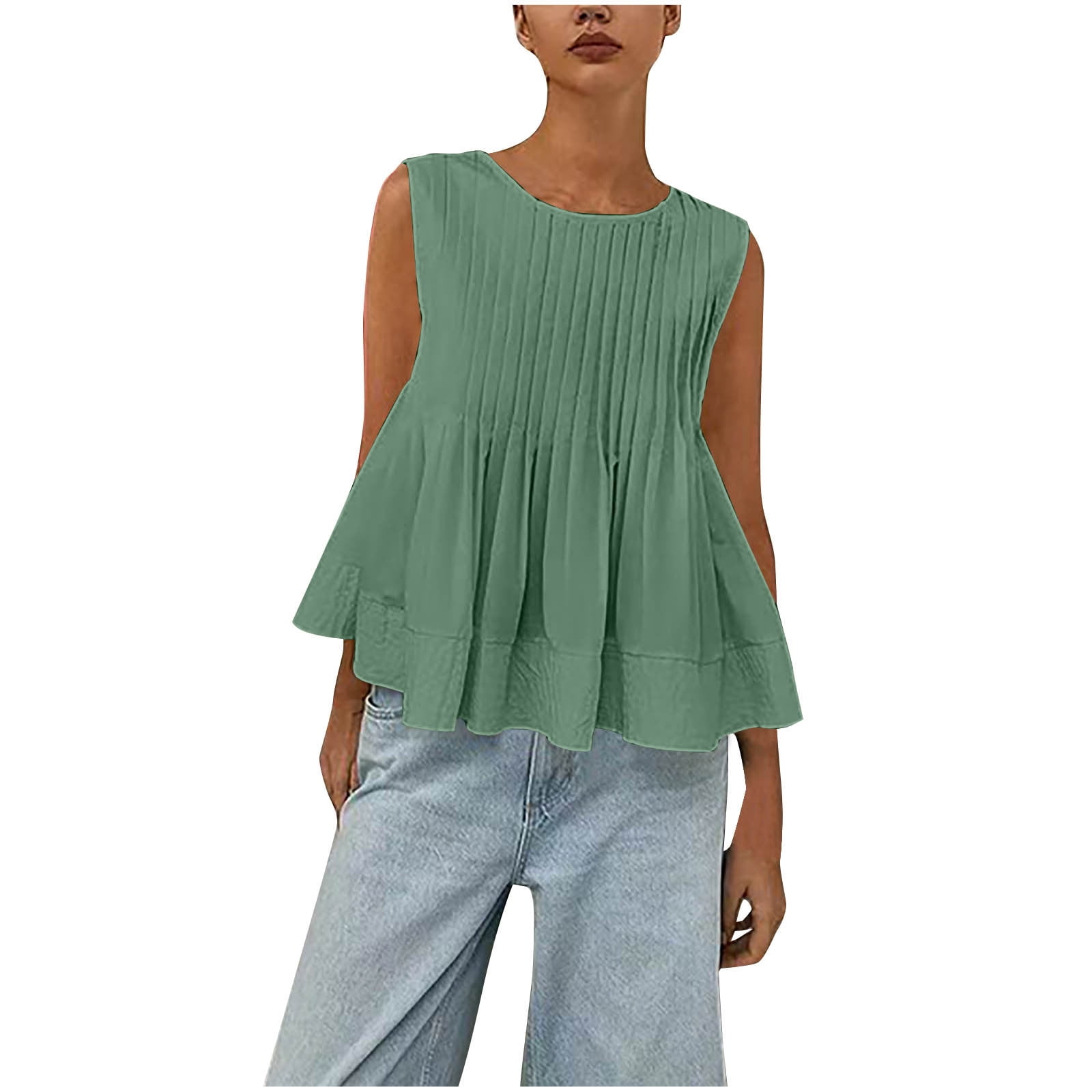 Womens Summer Pleated Peplum Sleeveless Solid Blouse Tank Tops Round Neck Y2K Babydoll Blouse Cotton Shirt