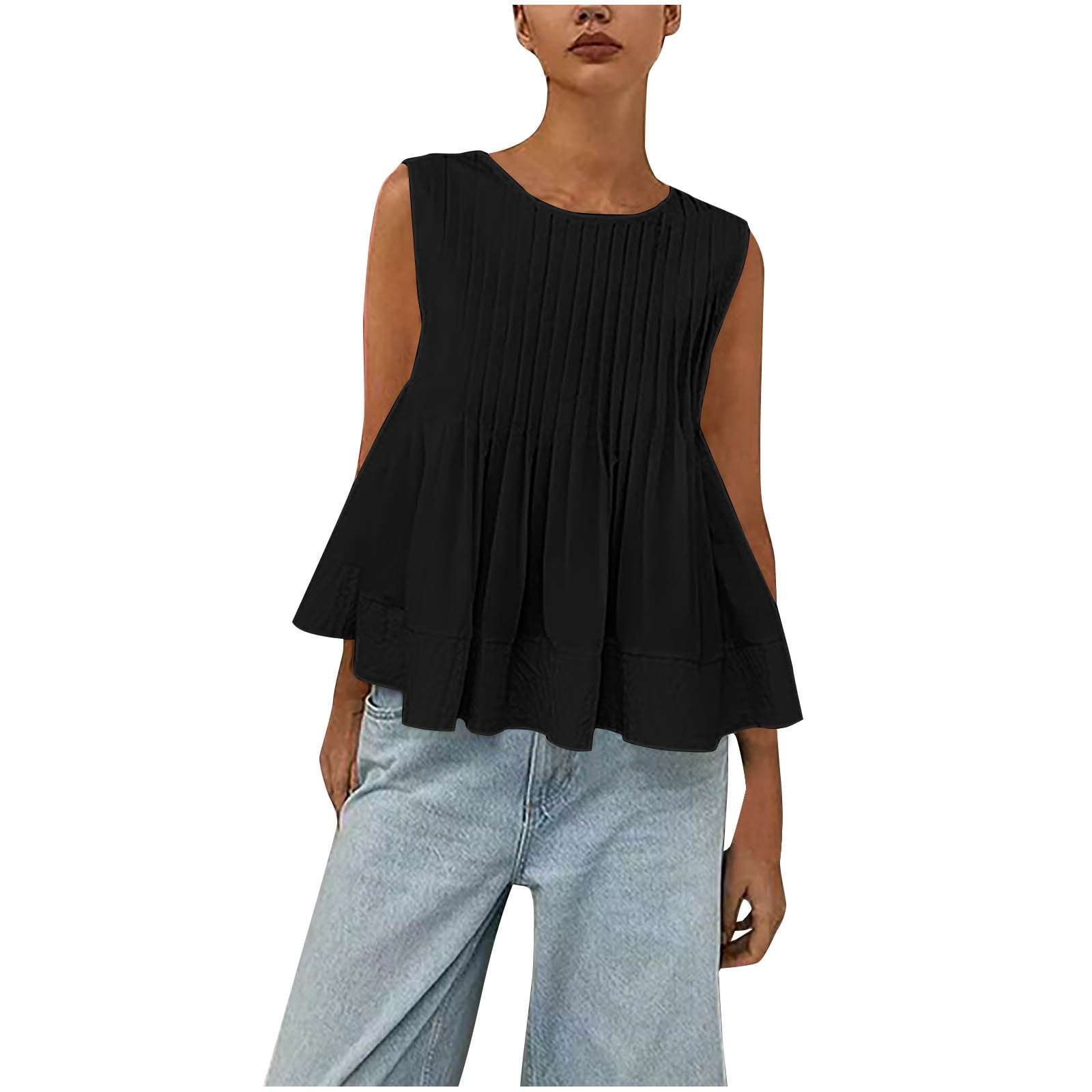 Womens Summer Pleated Peplum Sleeveless Solid Blouse Tank Tops Round Neck Y2K Babydoll Blouse Cotton Shirt