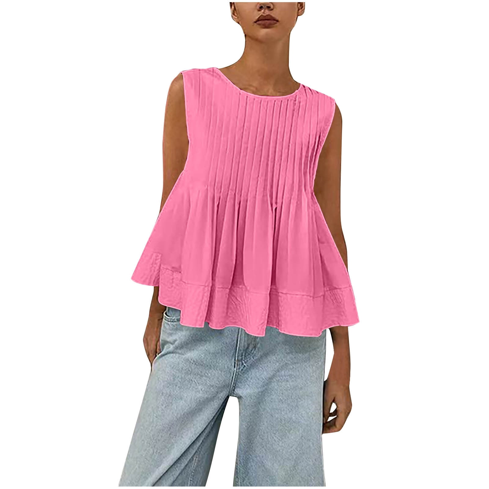 Womens Summer Pleated Peplum Sleeveless Solid Blouse Tank Tops Round Neck Y4K Babydoll Blouse Cotton Shirt
