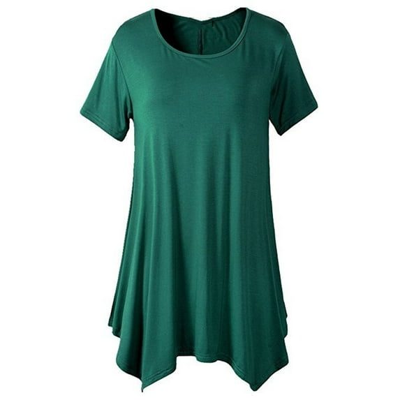 Womens Summer Pleated Ruffle Hem Shirts Elegant Short Sleeve Crewneck Tops Plus Size Casual Solid Swing Babydoll Blouses