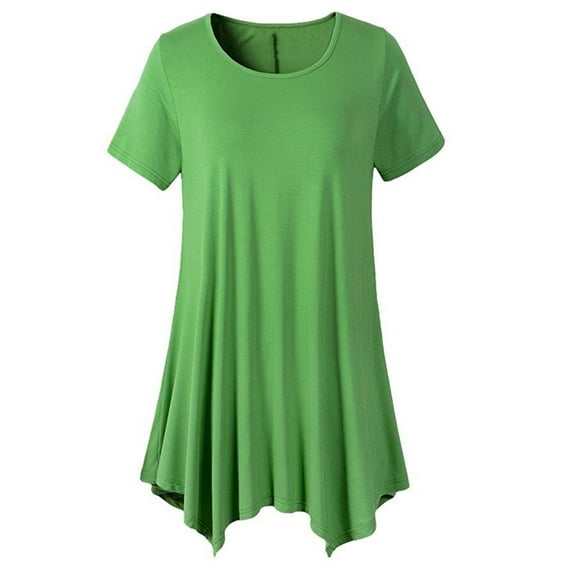 Womens Summer Pleated Ruffle Hem Shirts Elegant Short Sleeve Crewneck Tops Plus Size Casual Solid Swing Babydoll Blouses