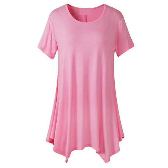 Womens Summer Pleated Ruffle Hem Shirts Elegant Short Sleeve Crewneck Tops Plus Size Casual Solid Swing Babydoll Blouses