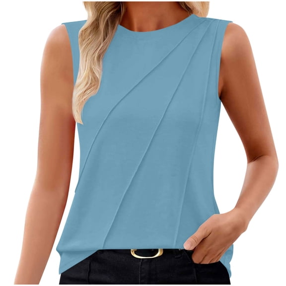 Womens Summer Pleated Tank Top Sleeveless Crewneck Business Casual Loose Tops Shirts 2026 Fashion Clothes Outfits