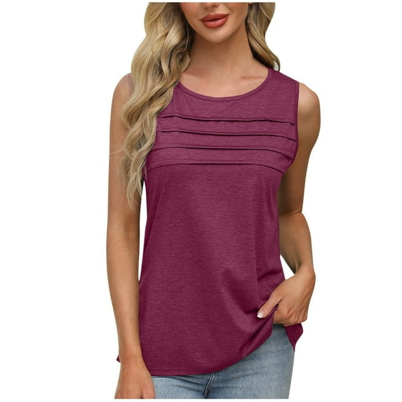 Womens Summer Pleated Tank Tops, Sleeveless Shirts for Women Casual Loose Fit Solid Color Ruched Crewneck Tanks Tees