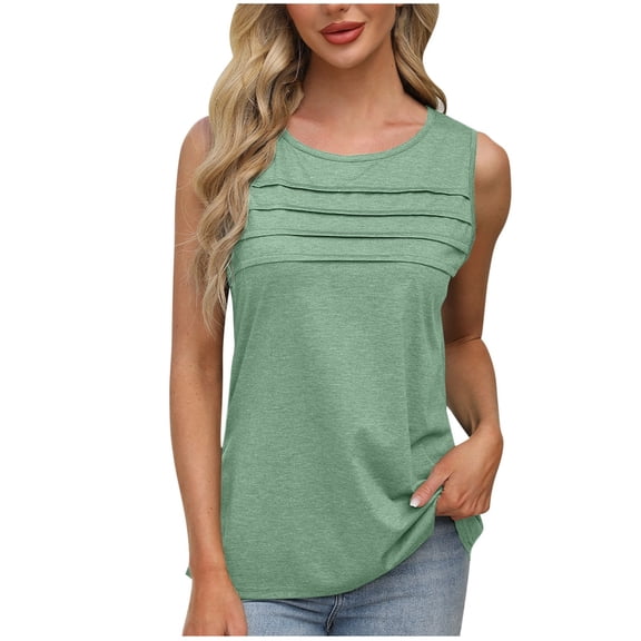Womens Summer Pleated Tank Tops, Sleeveless Shirts for Women Casual Loose Fit Solid Color Ruched Crewneck Tanks Tees