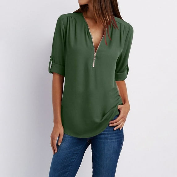 Womens Summer Plus Size Adjustable Sleeves Button Loose Shirt Chiffon Zipper Tops for Women