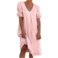 thumbnail image 1 of Womens Summer Plus Size Cotton Linen Dress Half Sleeve V Neck Plain Midi Casual Dress for Women Loose T Shirts Dress, 1 of 6
