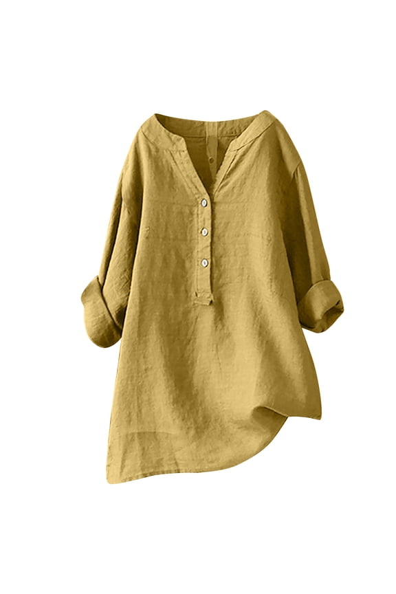 Womens Summer Plus Size Cotton Linen Shirts 3/4 Roll up Sleeve Button V Neck Basic Loose Blouses Comfy Casual Tunic Tops
