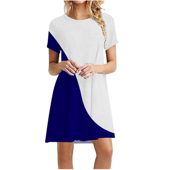 Womens Summer Plus Size Dresses Casual Color Block Patchwork Print Mini Sundress Tunic Round Neck Short Sleeve Dress